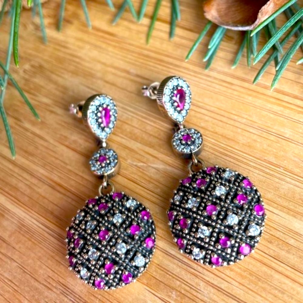 925 Sterling Silver, Ruby & Topaz, Drop Earrings